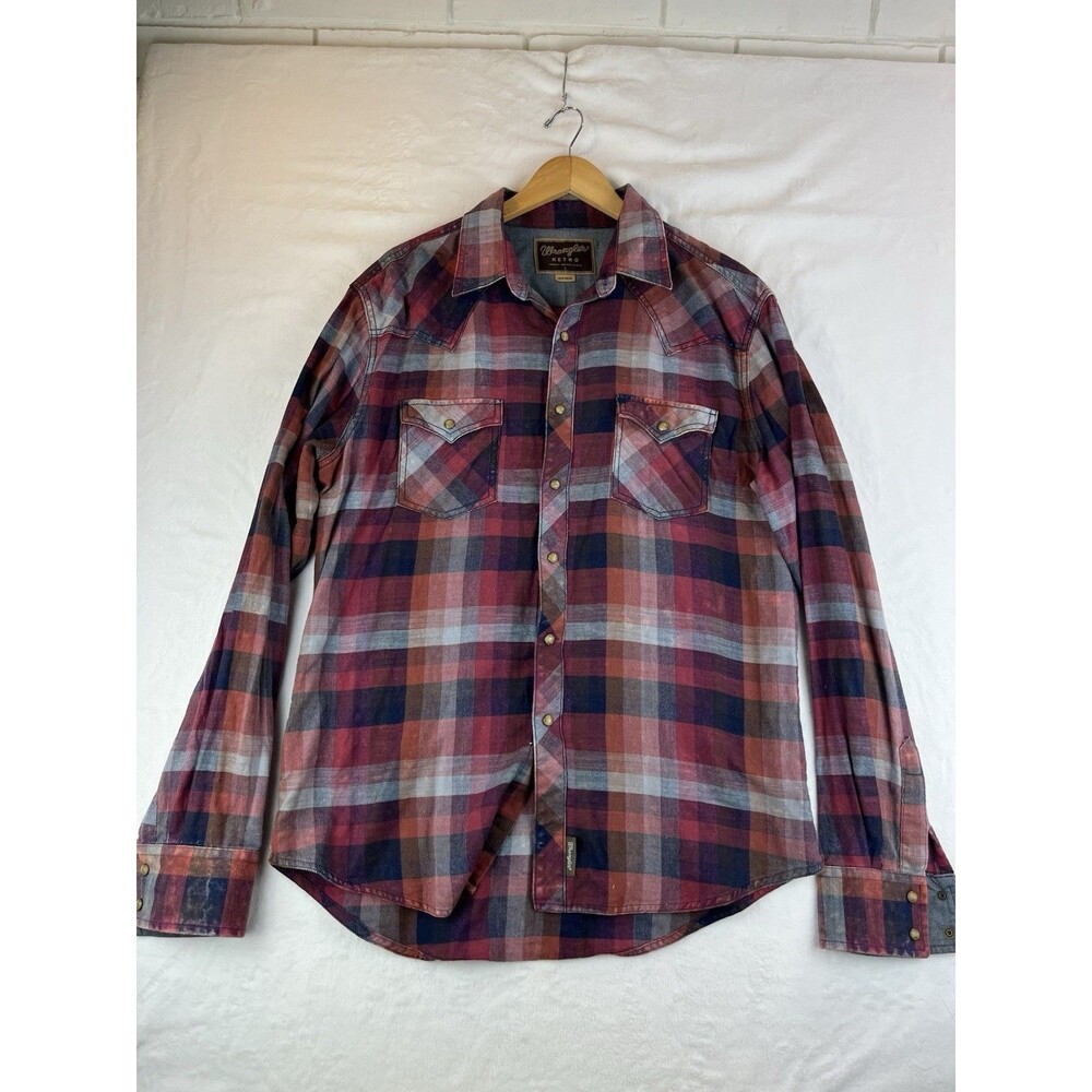 Vintage Wrangler Retro Pearl Snap Sawtooth Pocket Plaid Western Shirt Men Large